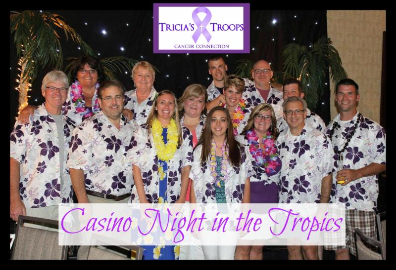 Photos of smiling men and women wearing purple and white custom Aloha shirts