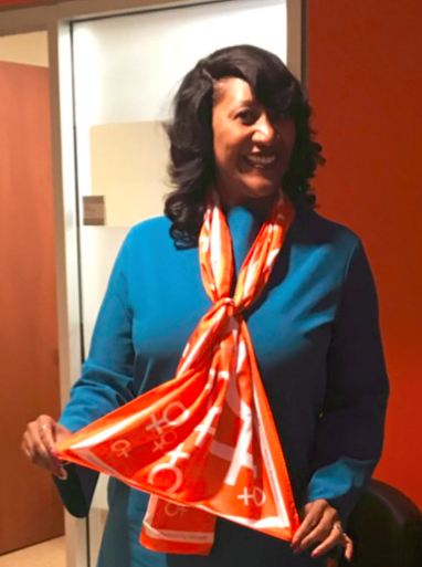 YWCA Chicago CEO Dorri McWhorter showing off her orange YWCA scarf!