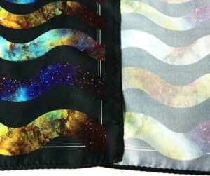 black and galaxy designs on polyester twill custom scarves