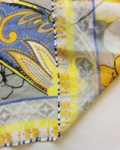 blue and yellow design on a polyester voile custom scarf