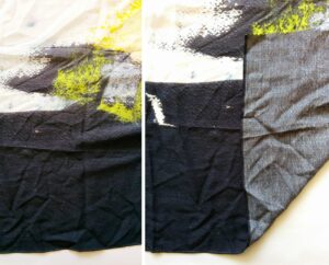 black white and yellow printing on a custom rayon scarf
