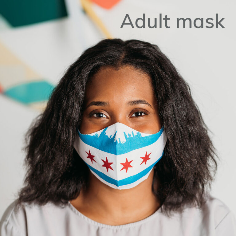 model wearing an adult size face mask with chicago flag and skyline