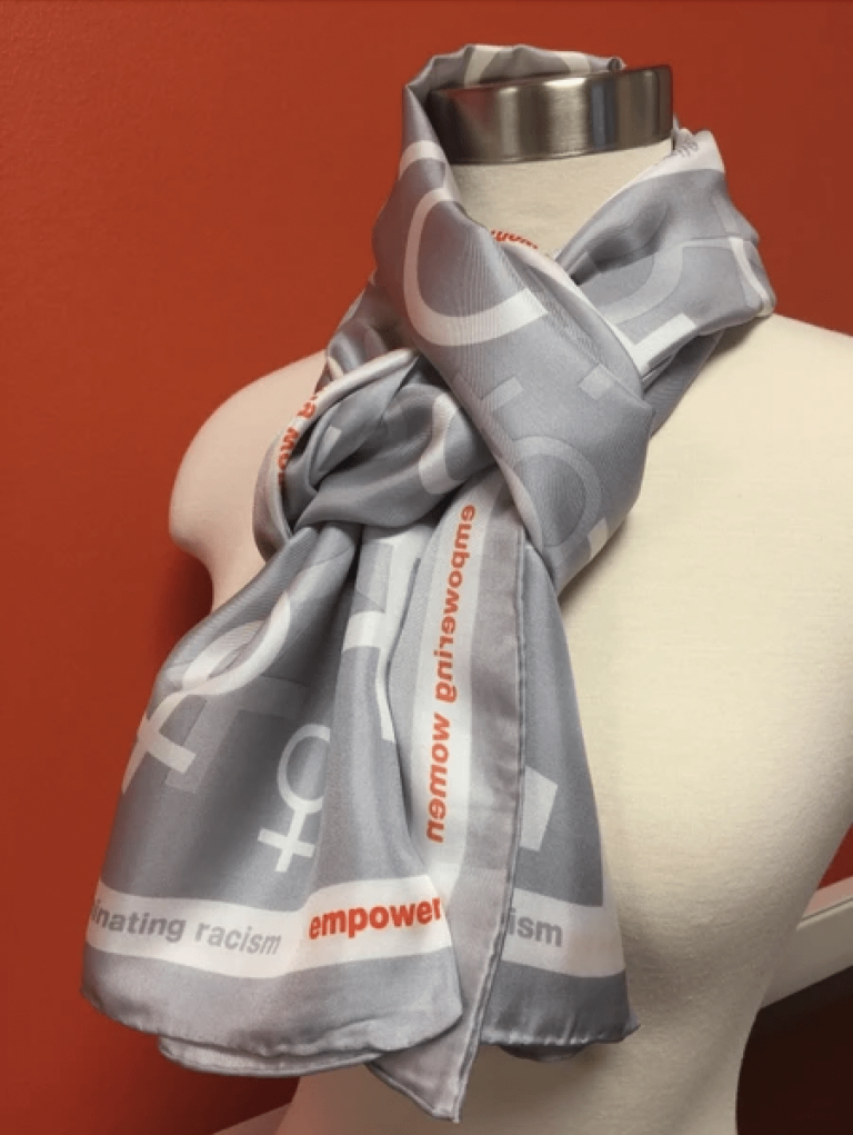 Photo of grey YMCA silk scarf styled