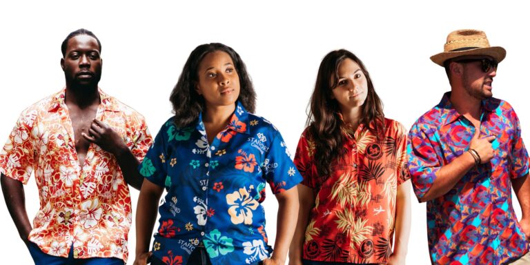 Collage of four models wearing custom print Hawaiian shirts