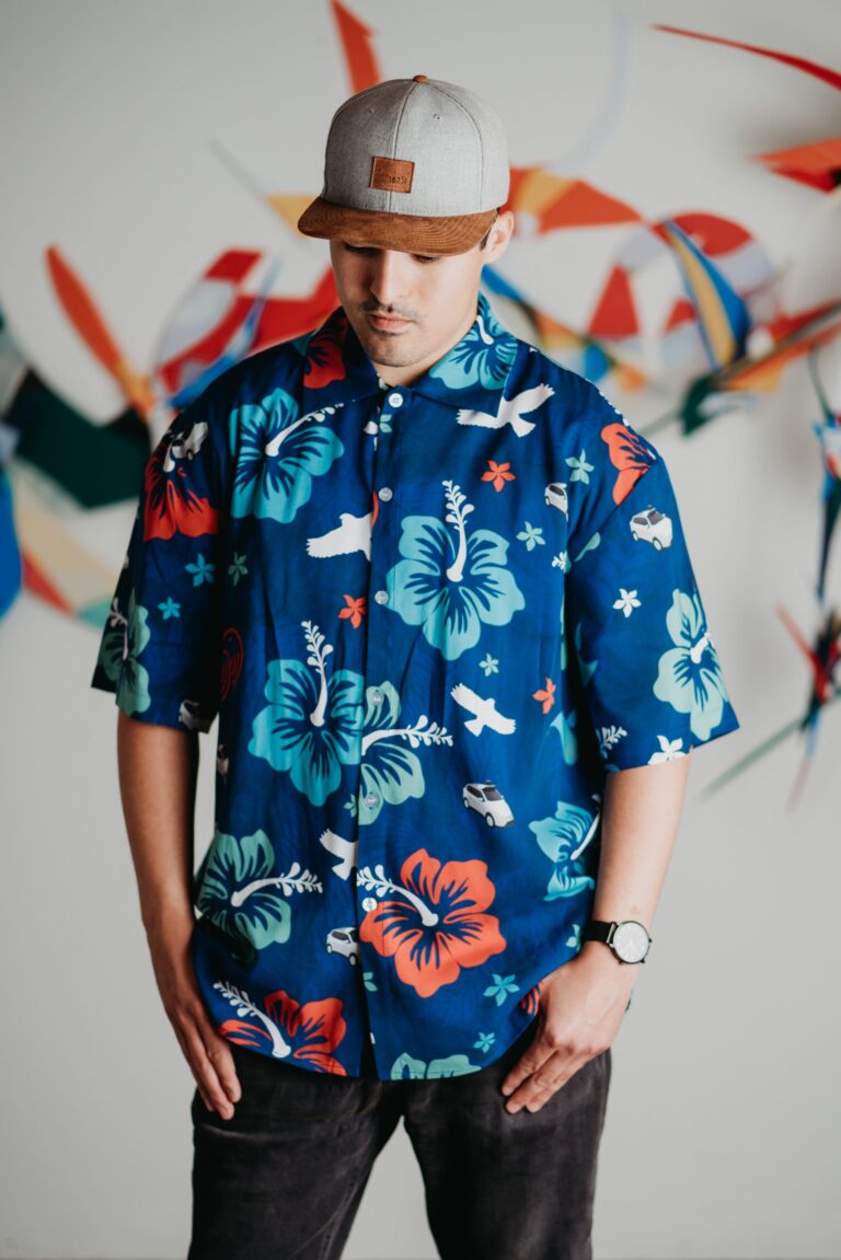 Photo of model (body only) wearing custom print Hawaiian shirt