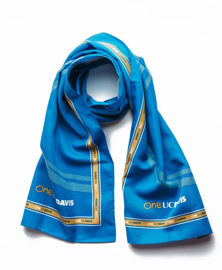 Photo of UC Davis custom printed long polyester scarf