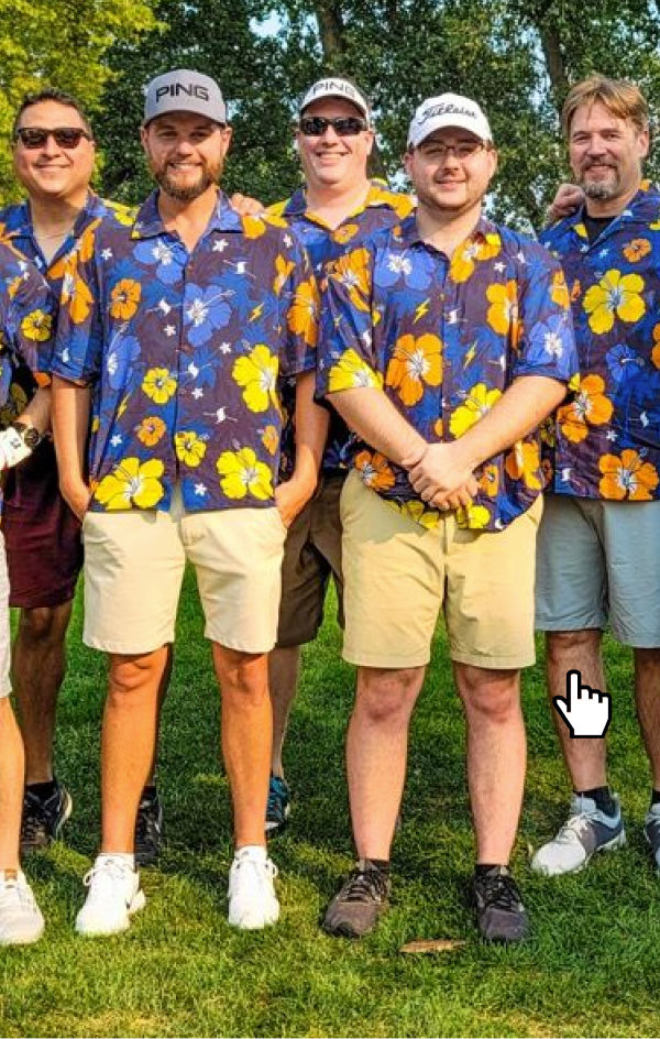 Photo of several men wearing custom printed Hawaiian shirts