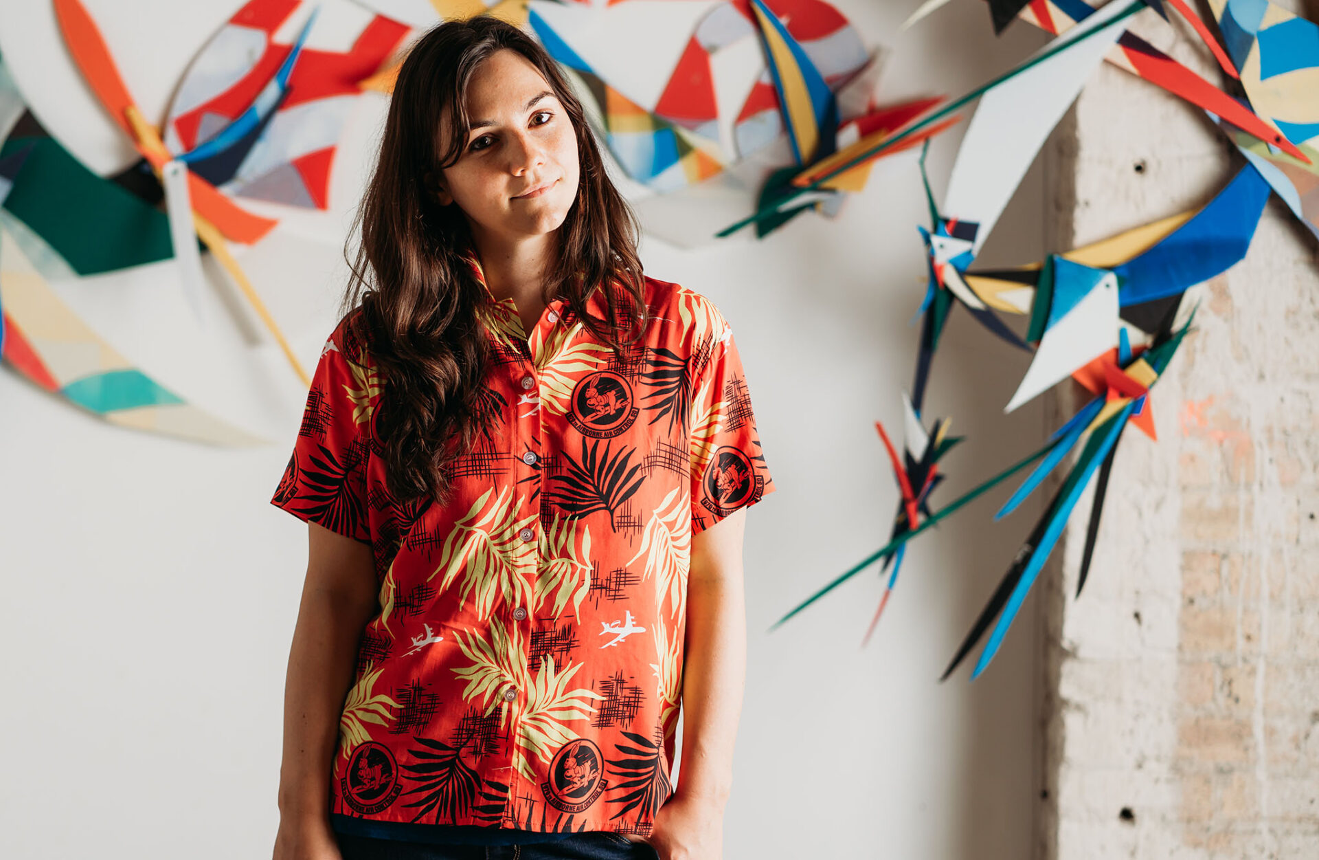 Female model wearing custom printed Hawaiian shirt