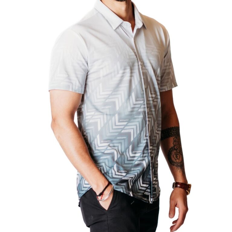 Model wearing custom print golf polo shirt