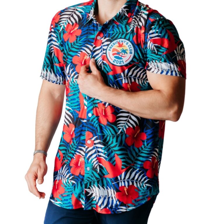 Model wearing custom print Hawaiian shirt