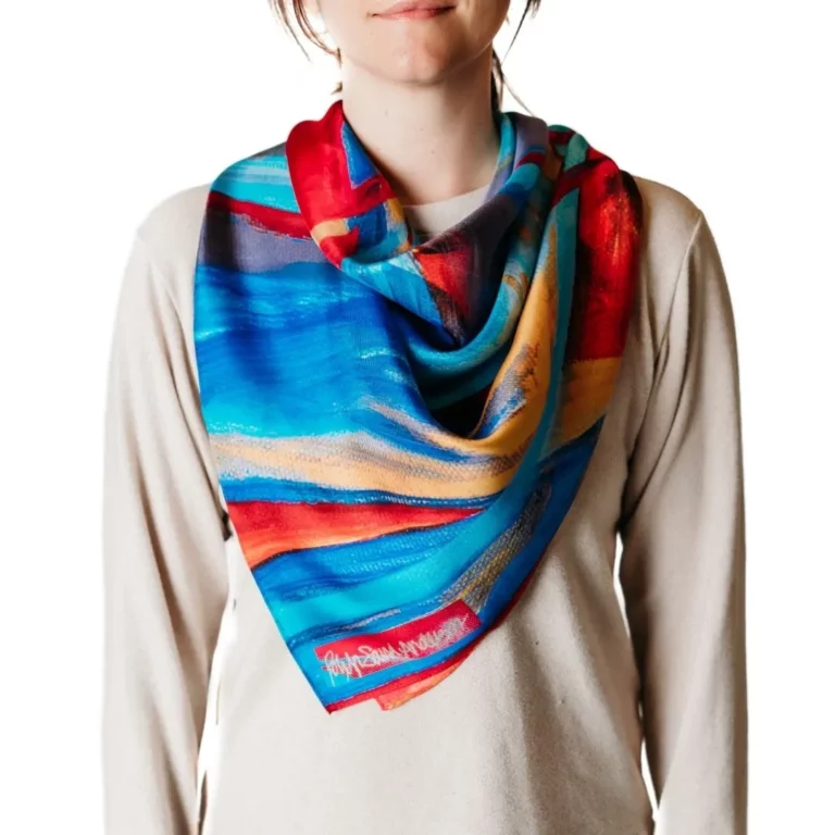 Model wearing custom print square scarf