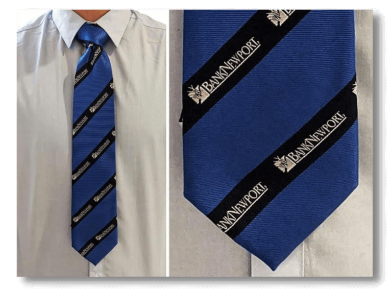 Custom woven long tie on model and close up art detail