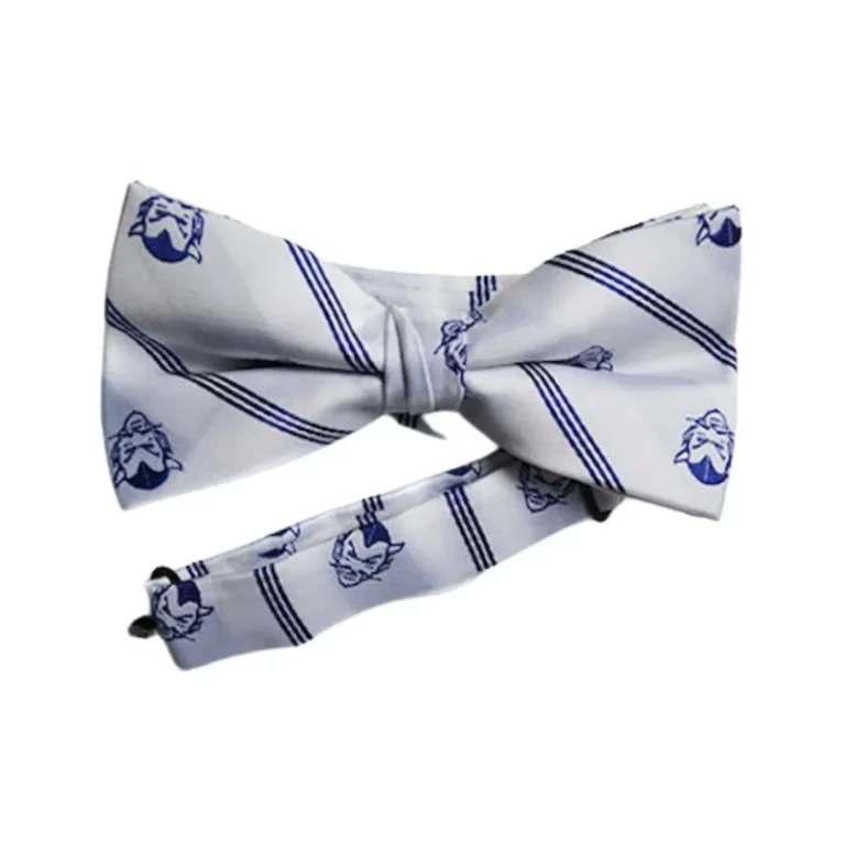 White and blue print custom bow tie