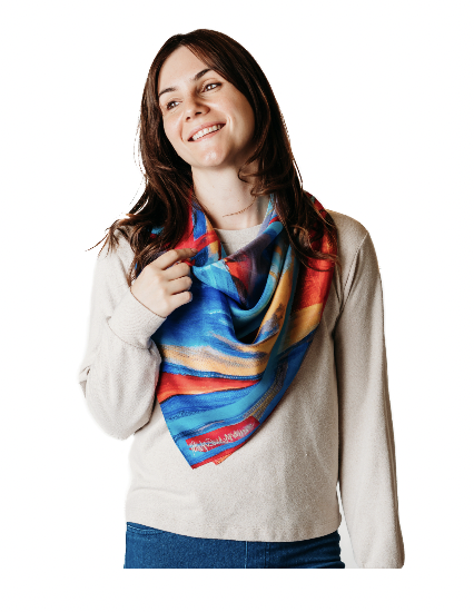 Model wearing custom printed square scarf
