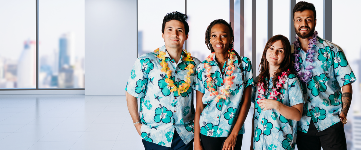 Pair of models wearing custom Hawaiian shirts