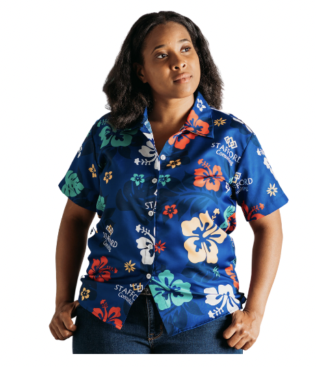 Model wearing custom Hawaiian shirt