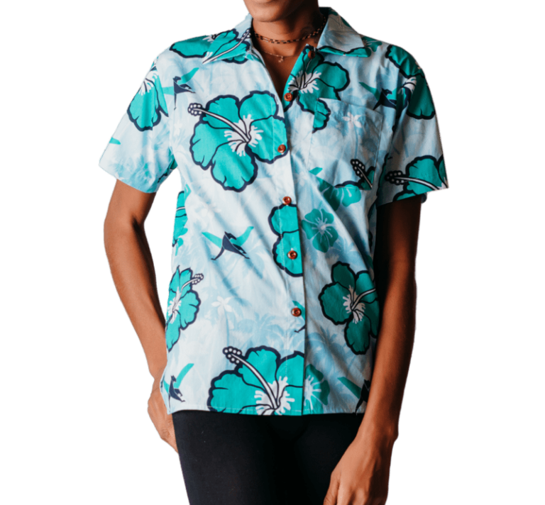 Women's cut custom Hawaiian shirt modeled (body only)
