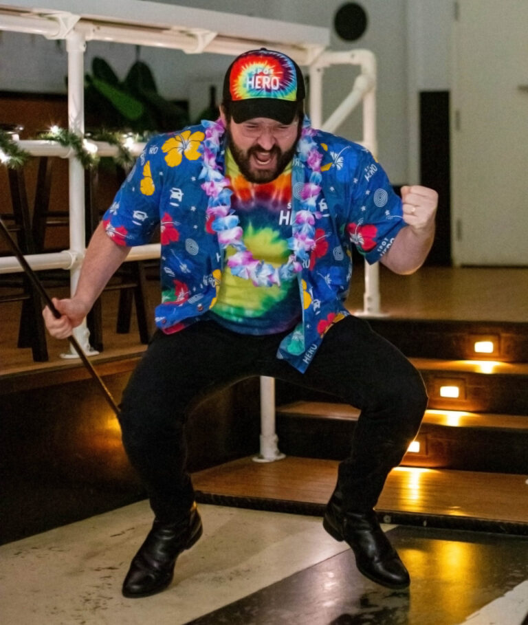 Photo of Spot Hero employee wearing custom Hawaiian shirt