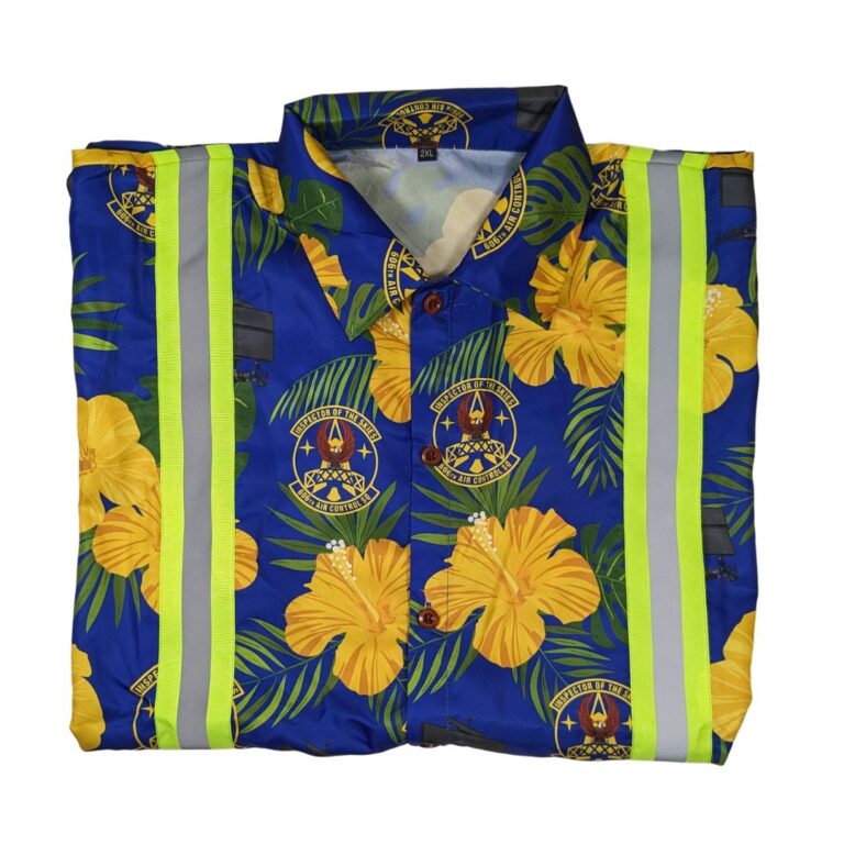 Blue/yellow Hawaiian print high visibility shirt