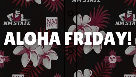 An image captioned ALOHA FRIDAY! with a black Hawaiian shirt print background.