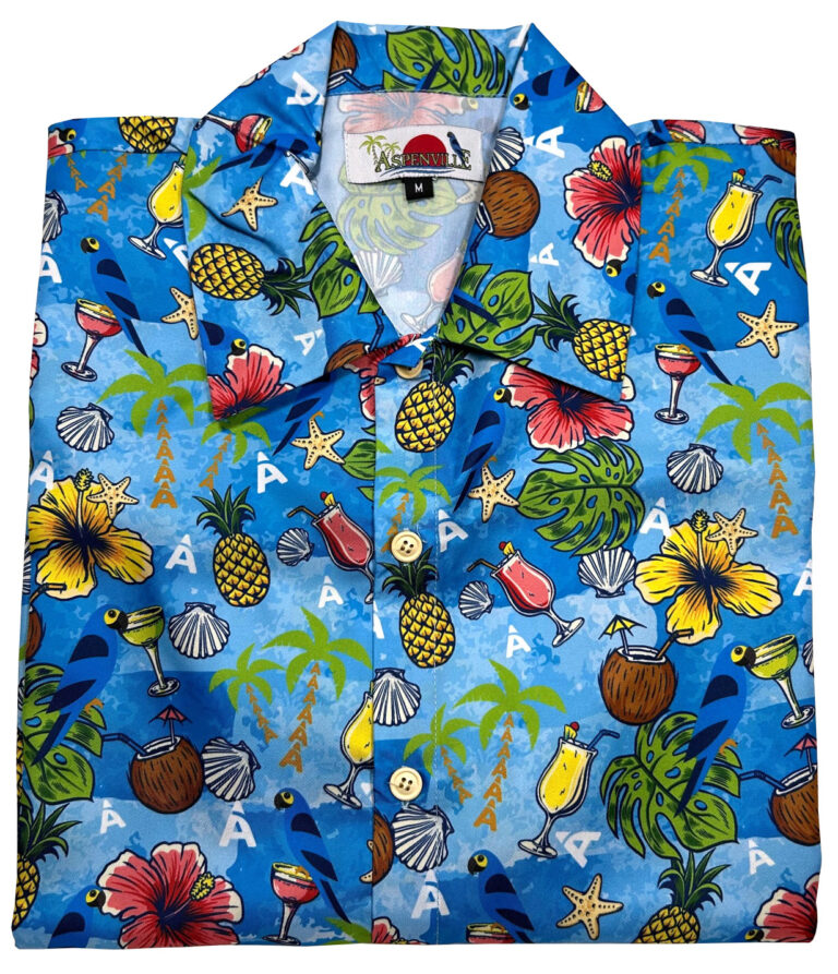 A shirt example of the different printing Candor Threads can do. This shirt has a tropical theme with parrots and margaritas.