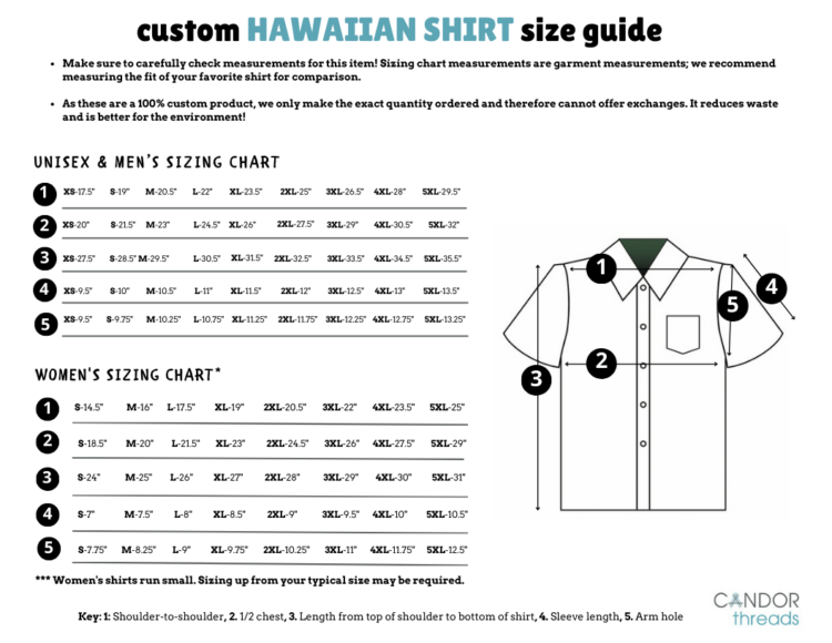 An image of our size chart for adult Hawaiian Shirt sizing, updated Jan 2024
