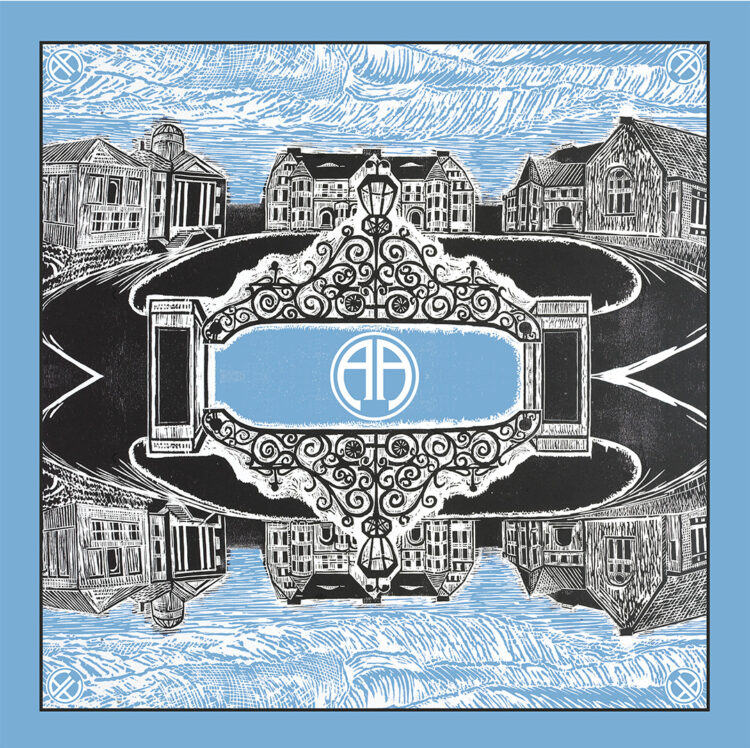Image of a scarf design with blue borders, a mirror image of a school, and a middle filled with blue and the Abbot Academy logo.