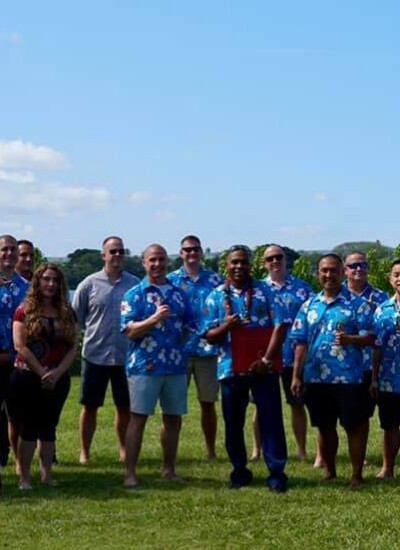 MARFORPAC Aviation Ohana Hawaiian shirts Group photo of MARFORPAC Aviation Ohana team wearing custom printed Hawaiian shirts