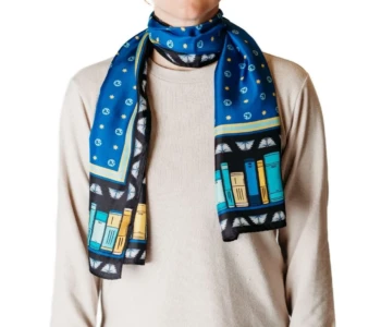 Versatile design with many styling options • Standard size: 12″ x 54″ inches • can customize from 12″ x 54″ to 26″ x 80″ Model wearing custom print long scarf