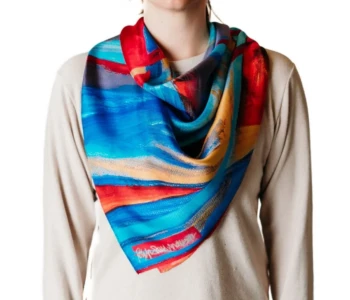 Popular with yacht clubs, airlines, and classic styles • Most stylish in silk, standard size: 36″ x 36″ inches • Can customize from 18″ x 18″ to 45″ x 45″ Model wearing custom print square scarf