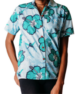 Traditional style, more fitted than unisex • Model Wears a Small Photo of women's cut Hawaiian shirt modeled (body only)