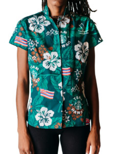 Fitted vintage style with mandarin collar and cap sleeves • Model Wears a Small Women's vintage cut custom Hawaiian shirt modeled (body only)